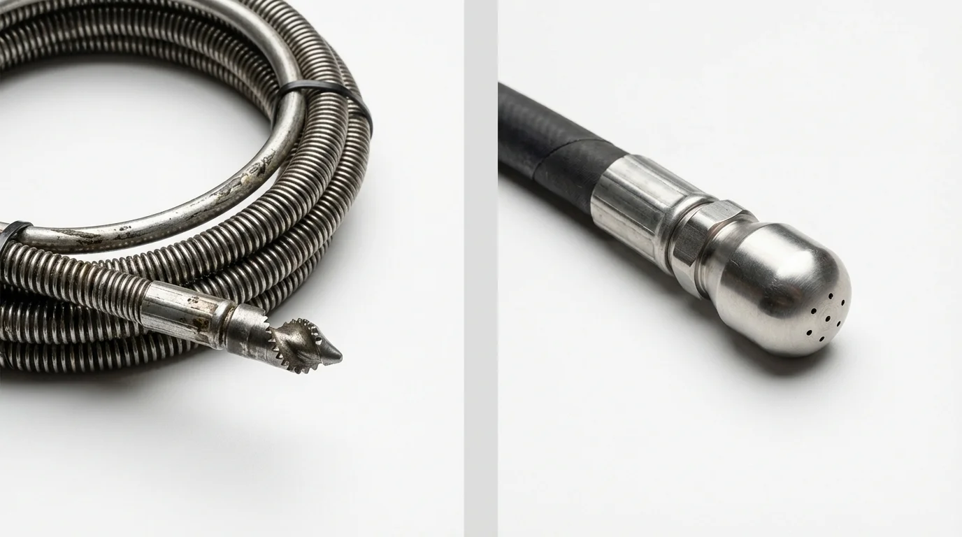 Drain snake cable and hydro jetting nozzle used for drain cleaning in Bloomfield, NJ