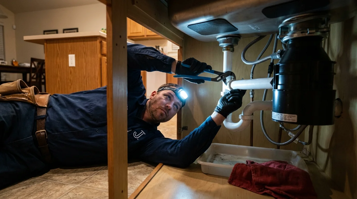 P-trap and supply line connections under a kitchen sink showing a common leak point in Bloomfield, NJ